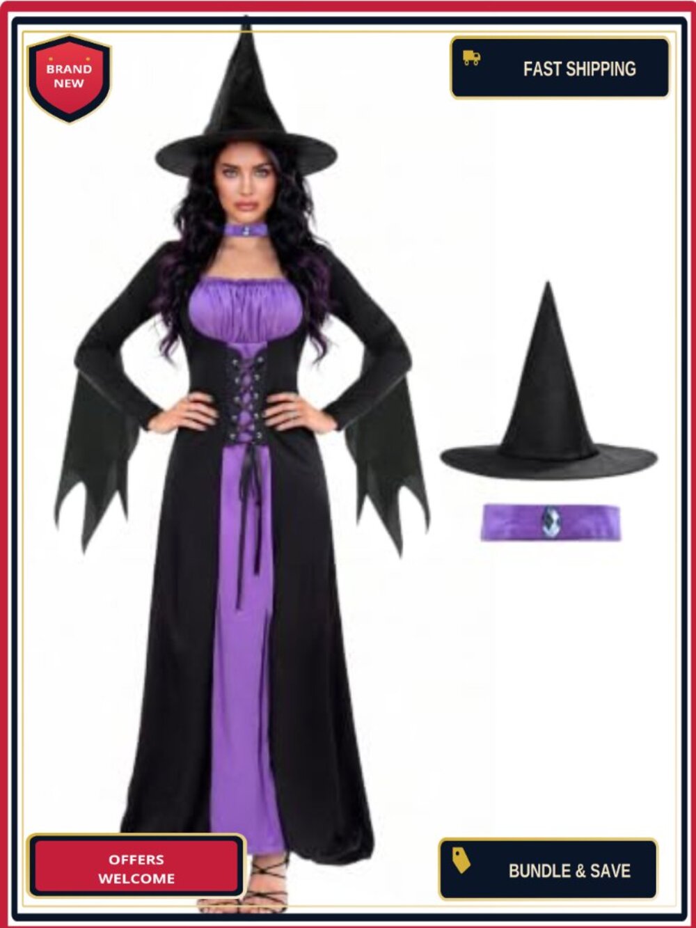 Women's Witch Costume Set with Hat & Choker Polyester Gothic Dress Adult